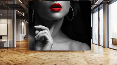 sexy woman with red lips. black and white portrait. closeup Wall mural