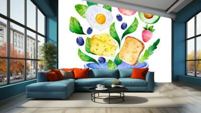 Healthy Food watercolor illustrations of fruits and vegetables with fig, tomato, avocado, strawberry and lettuce. Organic food for fitness hand-drawn set. Food bowl on white background Wall mural