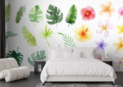 Watercolor Tropical flowers and leaves. Jungle flowers. Safari exotic greenery cute childish baby shower illustration. Floral summer isolated. Monstera banana leaves Wall mural