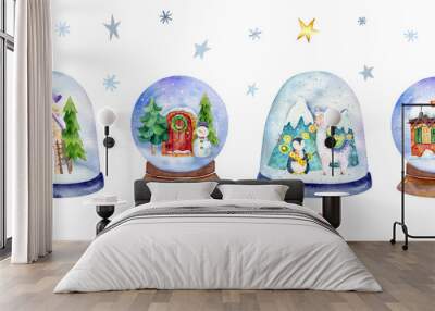 Watercolor winter snow globe illustration. Snowy country house graphics. Christmas Village graphics with snowflakes background, New year animal deer, snowman, penguin. Holiday graphics Wall mural