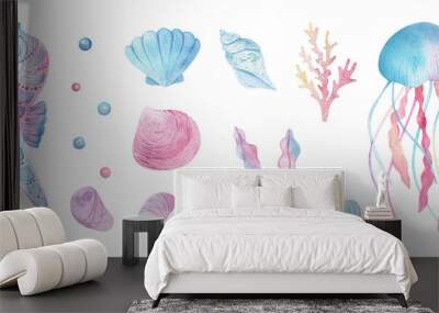 Sea animals set. Blue watercolor ocean fish and coral. Shell aquarium background. marine illustration, jellyfish, starfish Wall mural