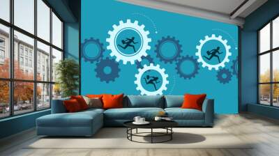  Business organizations work together. Businessman running with effort on gear cogs vector Wall mural