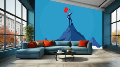 Businessman with flag on top of mountain. Success business idea. leadership Wall mural