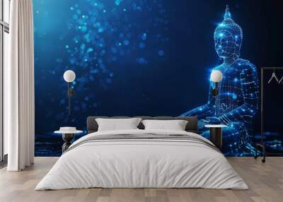 A radiant holographic depiction of Buddha meditating amidst a dark, serene, and luminescent atmosphere Wall mural