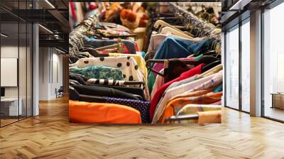 A second hand clothes shop in the center of the city with a lot of clothes Wall mural