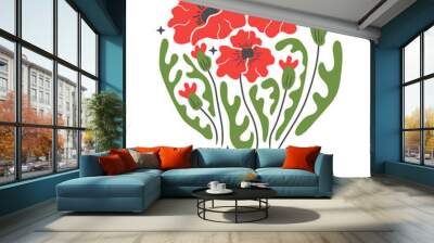 Abstract red flower posters. Organic circle shapes in trendy naive retro hippie 60s 70s style. Poppy with motivational phrase Wall mural