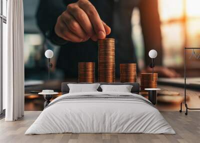 Businessman's hands placing coins on a growing graph, a business concept for raising awareness about money. A man in a suit standing at a table with stacks of shiny golden coins, a stock photo contest Wall mural