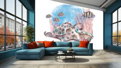 An octopus crawls on the seabed next to striped tropical fish. Watercolor illustration of exotic underwater animals and corals. The composition is suitable for postcards, invitations, events, package. Wall mural