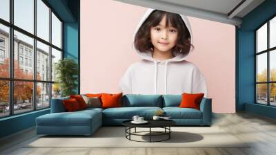 Chinese child girl wearing hoodie mockup on pastel background Wall mural