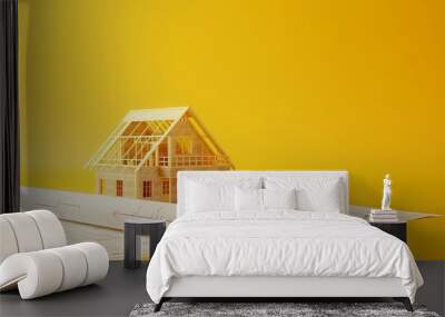 construction project, house under construction on blueprint, yellow background with copy space Wall mural