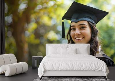 female student graduate in graduation hat smiling, green nature background with space for text Wall mural