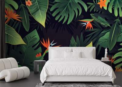 Flowers and palm leaves. green summer background. vector illustration Wall mural