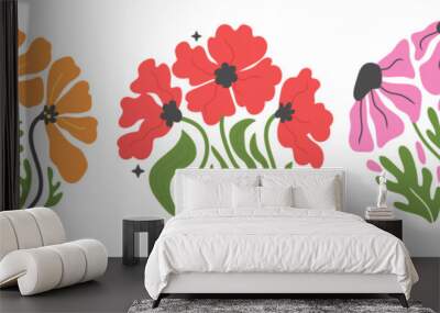 Groovy abstract flower set. Organic circle shapes in trendy naive retro hippie 60s 70s style. Wall mural