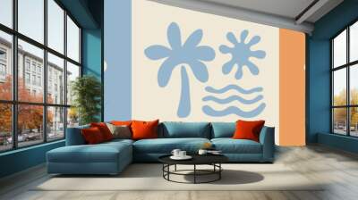 Minimalistic banner with groovy abstract beach elements. Abstract Sun and sea boho print design. Minimal cactus Wall mural