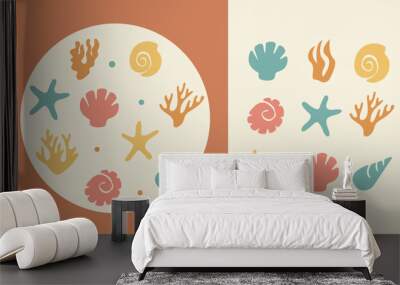 Poster with boho abstract shell coral. Sea summer elements. Minimalistic pastel starfish in modern retro style. Vector background Wall mural