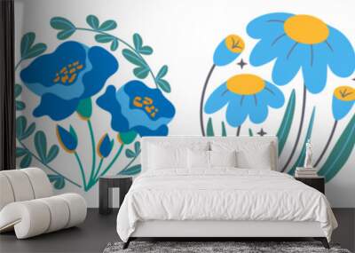 Retro groovy organic circle shape. Modern wavy blue flowers s in trendy naive retro hippie 60s 70s style. Vector illustration Wall mural