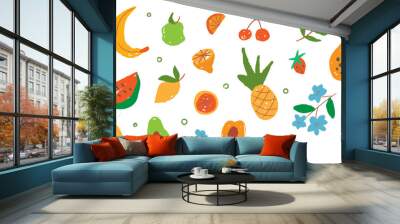 Set of abstract textured exotic fruit. Drawing leaf and citrous. Modern exotic jungle plant illustration. Organic shapes on isolated background Wall mural