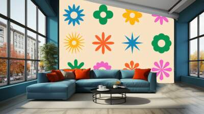 Set of brutal geometric playful flower star shapes in minimalistic retro y2k style. Brutalist basic figures. design elements. Wall mural