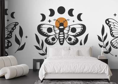 Set of mystical outline butterfly moth with moon. Graphic mystical and magical black print. Decor element Wall mural