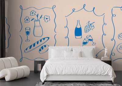 Set of poster with doodle vintage frame and italian food. Outline blue meal for menu. Wine and bread, pizza Wall mural