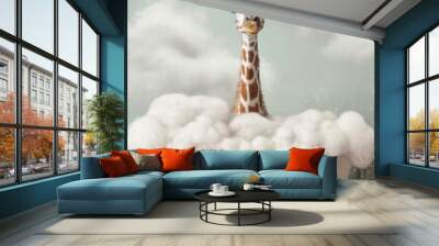 giraffe in bubble foam bath, giraffe bathing in the bathtub, funny animal, bathroom interior safari  Wall mural