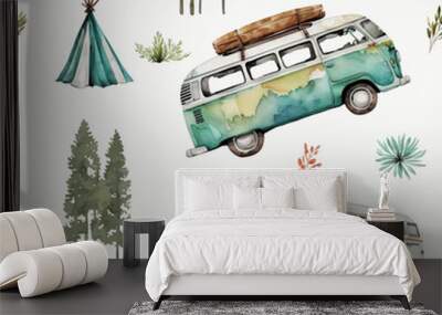 Seamless watercolor camping pattern, with a travel trailer on a light blue background, for printing on fabric, for scrapbooking Wall mural