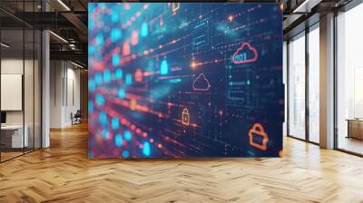 virtual screen with it and digital technology icons on dark background, concept of network security  Wall mural