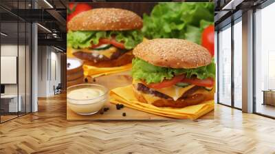 Two fresh hamburgers with vegetables Wall mural