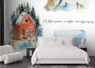 Collection of watercolor winter landscapes with forest animals, hand drawn isolated illustration on white background Wall mural