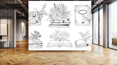 Line drawing floral book set, vector hand drawn line art illustration of stack of books with wildflowers, open book with flowers Wall mural