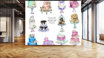 Watercolor holiday wedding cakes illustration collection, hand painted isolated on a white background Wall mural