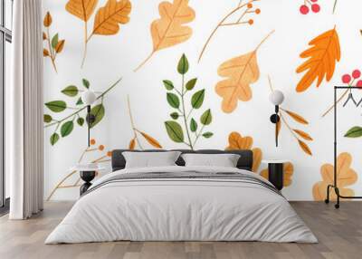 Watercolor simple autumn leaves and branches seamless pattern, hand painted on a white background Wall mural