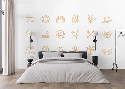 Boho linear icon set. Celestial and natural design elements, perfect for web, cover stories, printing, tattoes and posts. Golden icons. Isolated vector symbols on white background. Wall mural