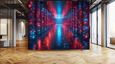 A futuristic data center with red and blue lights illuminating the aisles of servers. Wall mural