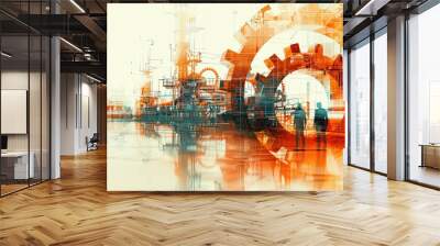 Abstract industrial scene with gears and workers. Concept of machinery, technology, and engineering innovation in orange tones. Wall mural