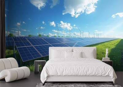 Renewable energy farm futuristic solar panels and wind turbines generating clean power Wall mural