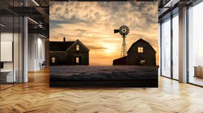 old abandoned silhoetted house and barn with beautiful sunset Wall mural