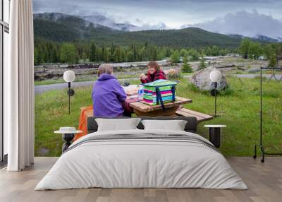 two caucasian women sitting at picnic table eating lunch Wall mural