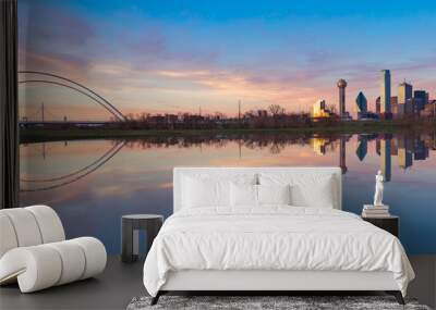 Dallas Skyline Reflection on Trinity River During Sunset, Dallas, Texas. Wall mural