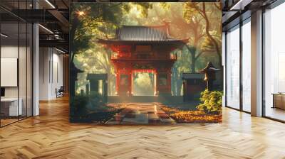 : beautiful landscape of a Chinese temple in the middle of the forest. Wall mural