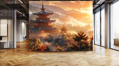 : beautiful landscape of a Chinese temple in the middle of the forest. Wall mural