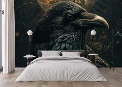 A black crow is standing in front of a full moon. The image has a dark and mysterious mood, with the crow being the main focus of the scene. The full moon adds to the sense of mystery and intrigue Wall mural