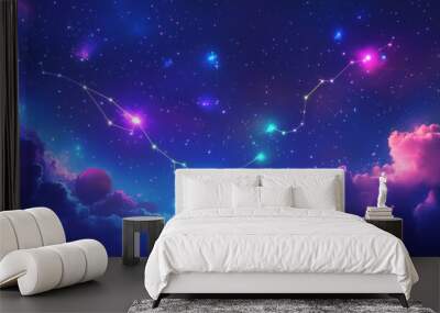 A colorful sky with a constellation of stars and a planet. The sky is filled with clouds and stars, and the colors are vibrant and bright. Concept of wonder and awe at the vastness of the universe Wall mural