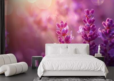 A field of purple flowers with a bright sun in the background. The flowers are in full bloom and the sun is shining brightly on them. The scene is peaceful and serene Wall mural