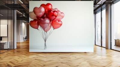 A group of heart-shaped balloons in pink and red isolated on a white background. Generative AI Wall mural