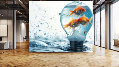 A light bulb is filled with water and fish. The fish are of different sizes and colors, and they are all swimming together in the bulb Wall mural