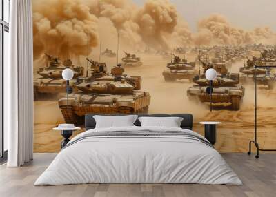 A painting of two tanks in a desert with one tank in the foreground and the other in the background Wall mural