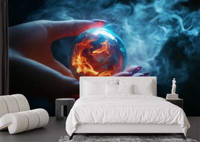 A person is holding a large, glowing, purple crystal ball. The ball is surrounded by smoke, giving it an otherworldly, mystical appearance. The person's hands are cupped around the ball Wall mural