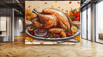 A Thanksgiving feast table with a roasted turkey, side dishes, and fall leaves. Generative AI Wall mural