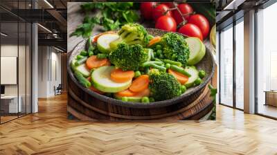 Mix of boiled vegetables, steam vegetables for dietary low-calorie diet. Broccoli, carrots, cauliflower, side view. Wall mural